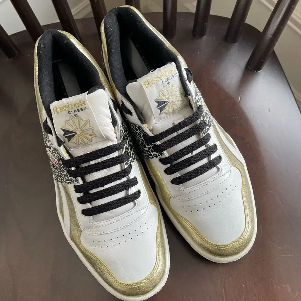 Reebok Gold Foil Leopard Print Sneakers Athletic Shoes 9.5